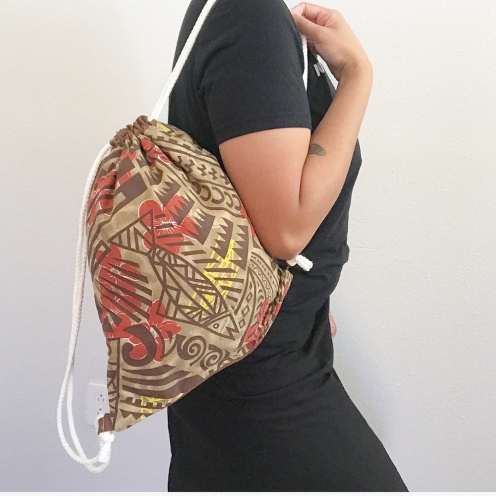 Brown Polynesian Tribal Print Drawstring Backpack